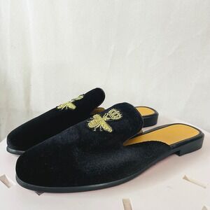 Bespoke Men Bee Embroidered Black Velvet Mules Loafers Slip On Shoes Sz 47 US 13